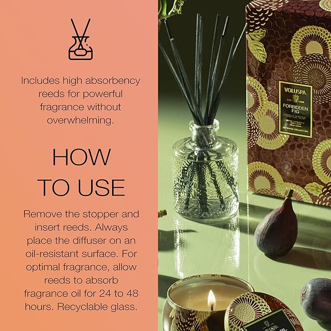 Voluspa Forbidden Fig Scented Reed Diffuser, 3.4 Oz, Luxury Fragrant Reed Diffusers for Home, Handcrafted in The USA