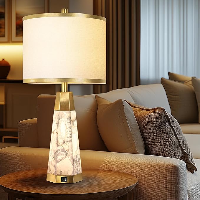 27" Natural Alabaster Table Lamps Set of 2 - Lamps for Living Room with Night Light, Bedside lamps with White Linen Shade, Nightstand Table Lamp with USB A+C Port for Bedroom Office (bulb included) - Bloomnest