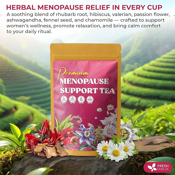 FreshDrinkUS, 40 Tea Bags - Menopause Support Herbal Tea – Soothing Blend with Rhubarb, Hibiscus, Valerian, Passiflora, Ashwagandha, Fennel & Chamomile, Caffeine-Free, Vegan, Non-GMO - Bloomnest