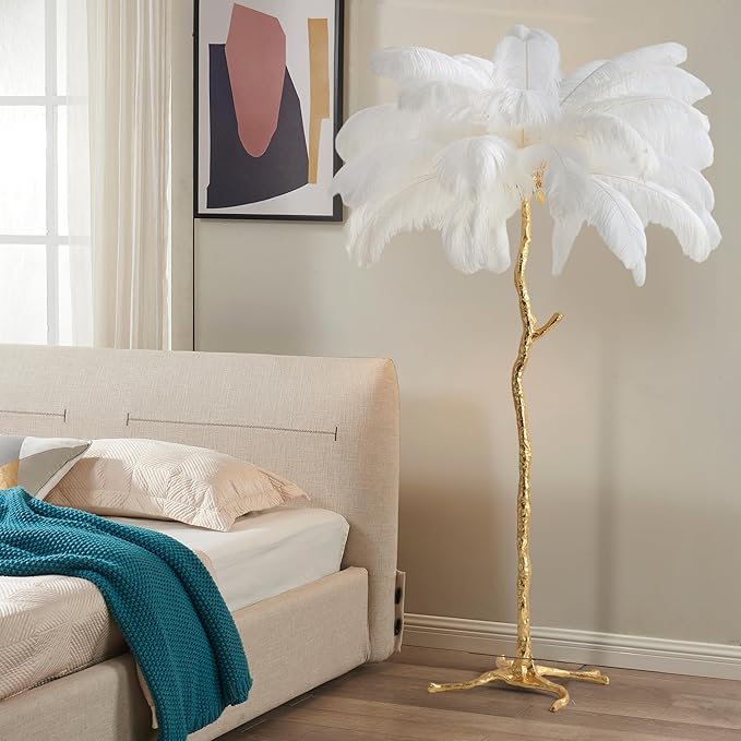 MAYOLA Luxury Resin Ostrich Feather Lamp, 35 Pieces Real Ostrich Feathers,Floor Lamp,for Living Room, Bedroom and Office 67” Tall Feather Lamp(White, Floor Lamp) - Bloomnest