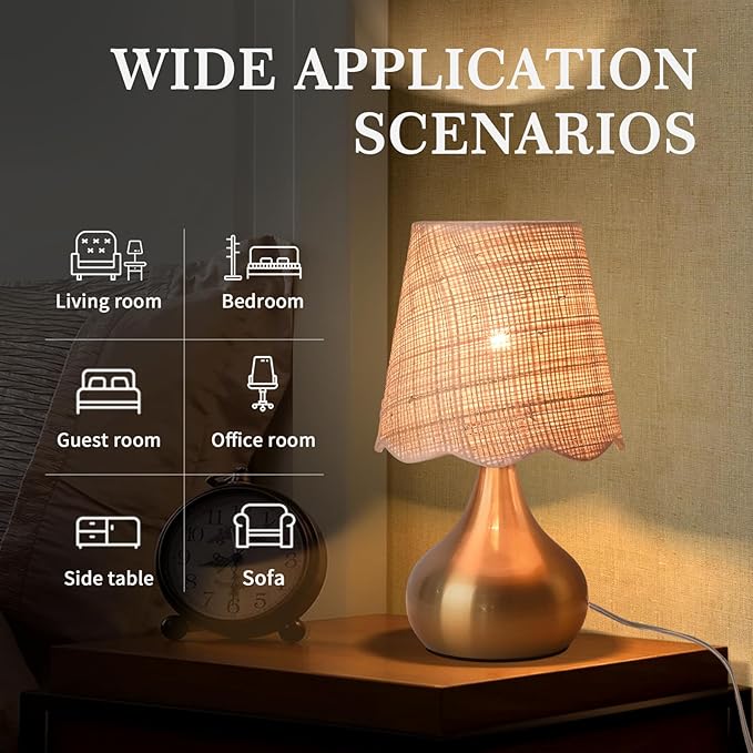 Gold Small Bedside Table Lamp Touche Control 3-Way Dimmable Brass Mini Table Lamps for Nightstand, Rattan Shade Small Table Lamps for Small Spaces for Kitchen Counter, Bookshelf, Bedroom - Bloomnest