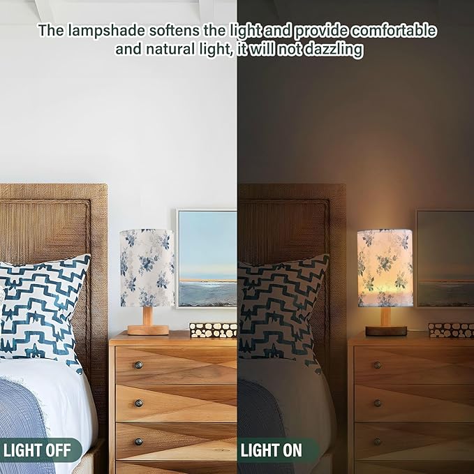 Yuiboo Nightstand Lamps Teal Flowers Farmhouse Blue Small Bedroom Lamps Burlap Table Lamps for Girls Home Office para - Bloomnest