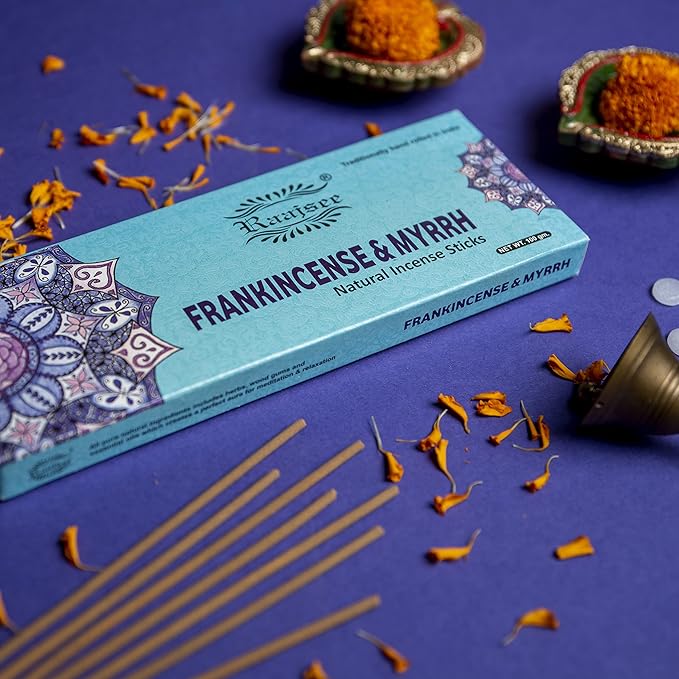 Pure Frankincense & Myrrh Incense Sticks, 100%-Natural Charcoal Free Organic Non Toxic Clean Burning Handmade Insence Sticks 100 gm Pack, Meditation Gifts – Spritual Cleansing RAAJSEE