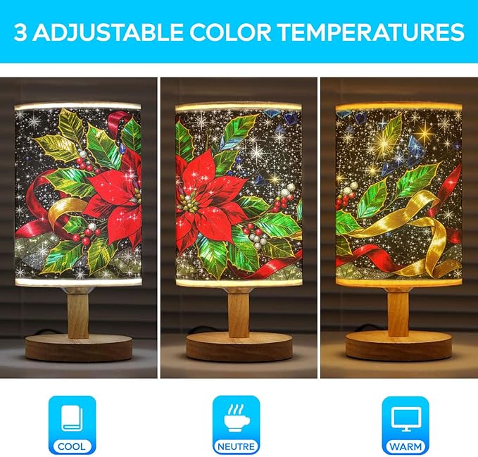 Holly Table Lamp LED 3-Color Pressed Bedside for Merry Christmas, Holly Shade Christmas Table Lamp with Wood Base for Bedroom Living Room Desk Office - Bloomnest