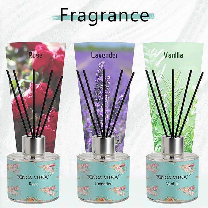 Binca Vidou Reed Diffuser Set of 3, Lavender, Rose, Vanilla Aromatherapy Oil Diffusers for Bedroom, Living Room, Office, Gift & Stress Relief, 50ml x 3 - Bloomnest