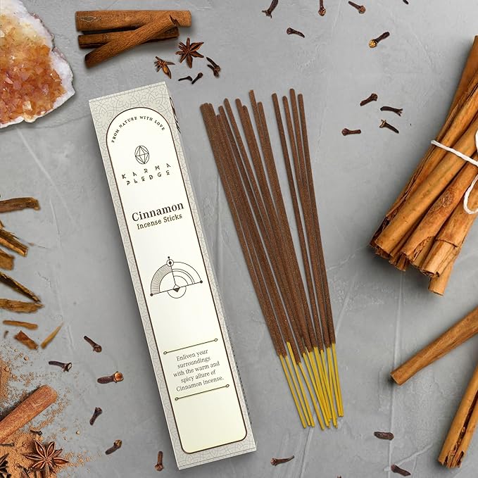 Cinnamon Incense Sticks, Organic Hand Dipped Incense, Natural Herbs & Aromatic Ingredients, Contain 40 Sticks Inside, Burn Time 45-60 Min, Spiritual Gifts, Incense By Karma Pledge