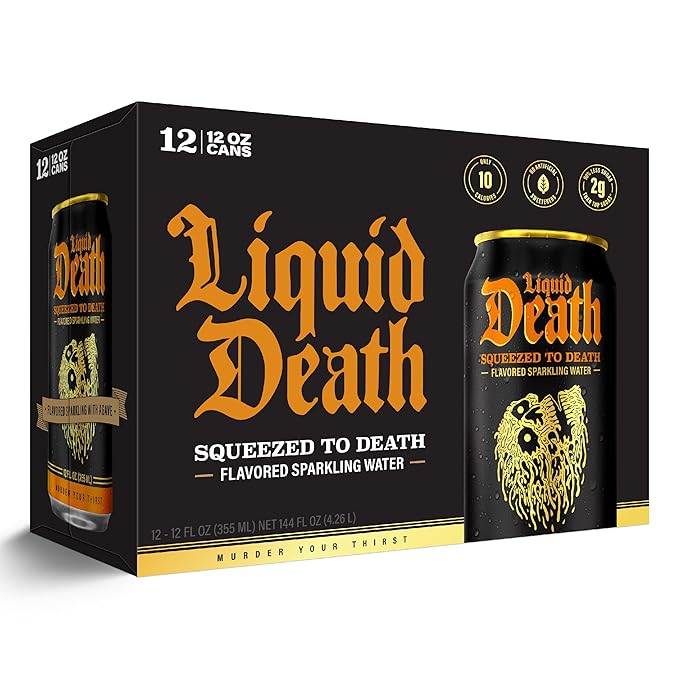 Liquid Death Soda-Flavored Sparkling Water - Squeezed To Death (Classic Orange Soda), Less Sugar*, Huge Flavor, No Caffeine, No Artificial Sweeteners, 12 Fl Oz (Pack of 12) - Bloomnest