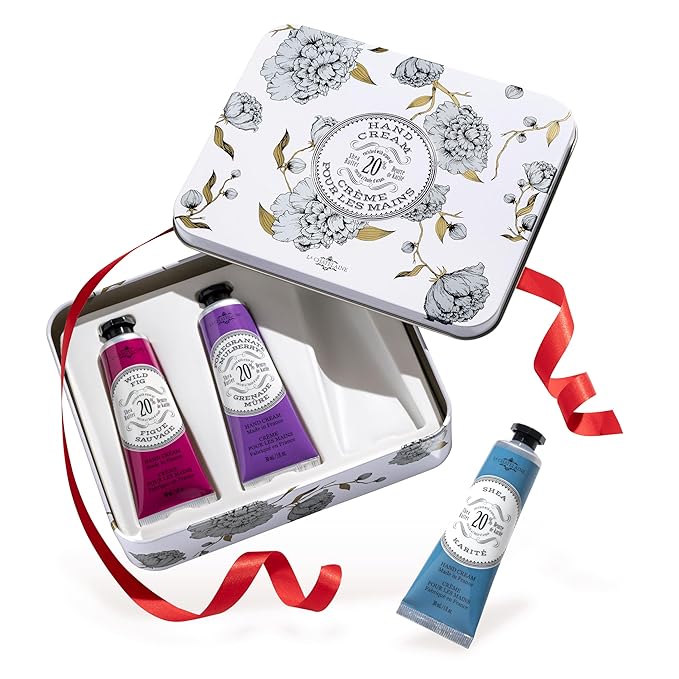 La Chatelaine French Hand Cream Trio Tin, Holiday Gift Set, Hand Lotion for Women, Made in France with 20% Organic Shea Butter, Moisturizing (Wild Fig, Pomegranate Mulberry, Shea) 3 x 1 fl. Oz - Bloomnest