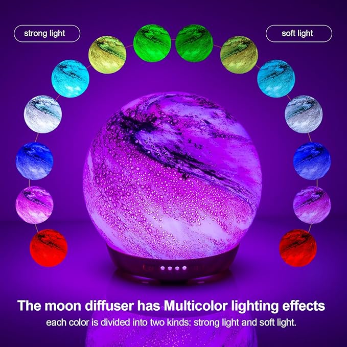 Moon Essential Oil Diffuser, Glass Cool Mist Humidifier with 4 Timer,7 LED Colors and Waterless Auto Shut-Off Settings for Baby Home Office (250ml) COOSA