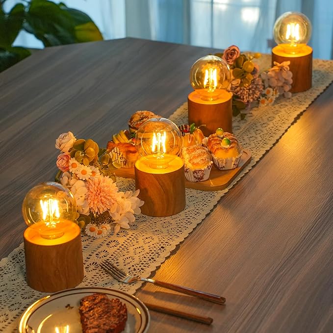 JHY DESIGN Set of 4 Wood Grain Table Lamp 6.5" Tall Cordless Lamp Light with Edison Style Bulb and 6 Hours Timer Battery Operated Lamp Great for Living Room Weddings Parties Patio Indoors Outdoors