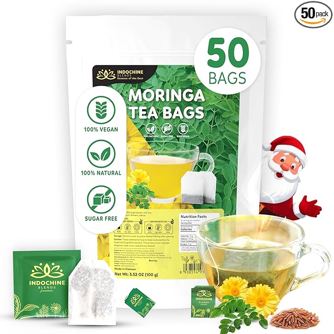 Indochine Blends Moringa Tea Bags | Moringa Leaf, Red Rice, Chrysanthemum & Stevia | Sugar-Free, Caffeine-Free Herbal Tea | Double Chamber, Individually Wrapped Bag | 3.5 oz | 50 Tea Bags - Bloomnest