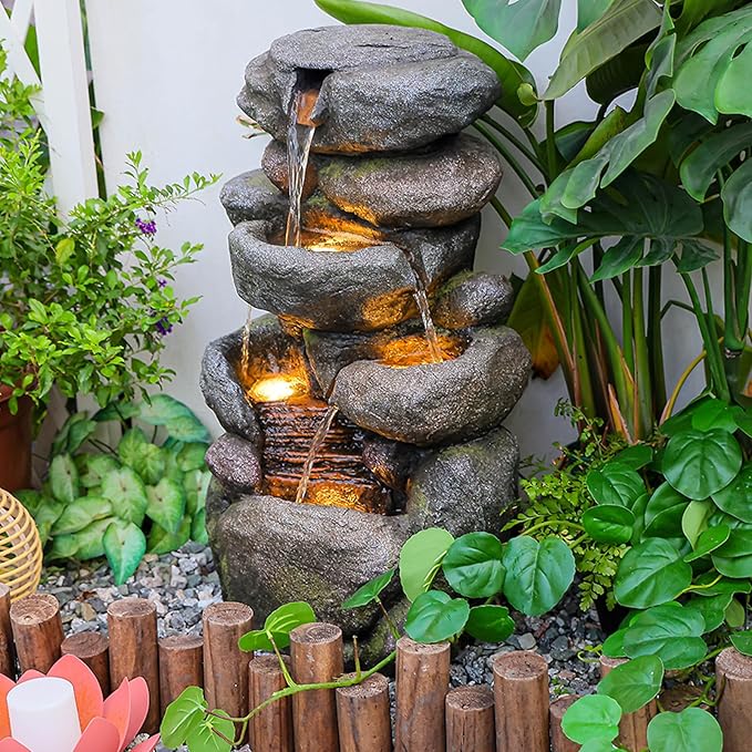 Garden Outdoor Fountains 4-Tier Rock Outdoor Water Fountain with Lights, 28.35" Waterfall Fountain for Garden, Patio, Yard, and Lawn, Natural Stone Look Water Features Outdoor Patio - Bloomnest