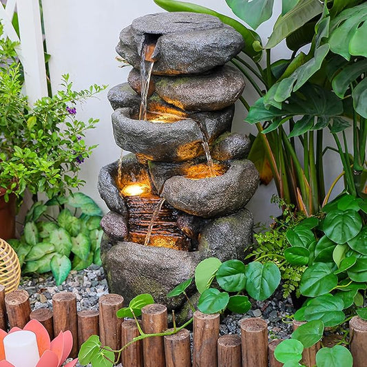 Garden Outdoor Fountains 4-Tier Rock Outdoor Water Fountain with Lights, 28.35" Waterfall Fountain for Garden, Patio, Yard, and Lawn, Natural Stone Look Water Features Outdoor Patio - Bloomnest