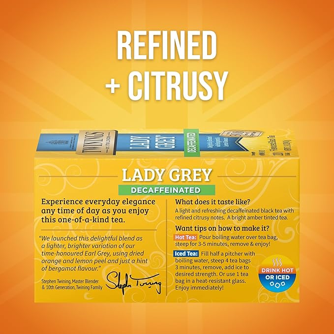 Twinings Decaffeinated Lady Grey Black Tea Individually Wrapped Bags, 20 Count (Pack of 1), Orange Peel & Lemon Peel, Enjoy Hot or Iced, 20 Teabags - Bloomnest