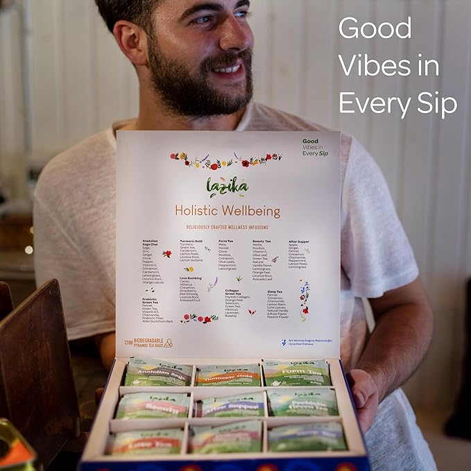 Lazika Herbal Tea Variety Pack with Lovely Presentation Box, 54 Counts, Holistic Wellbeing Tea Assortment Gift Set, Premium Collection with Pyramid Infuser Bag, Handcrafted - Bloomnest