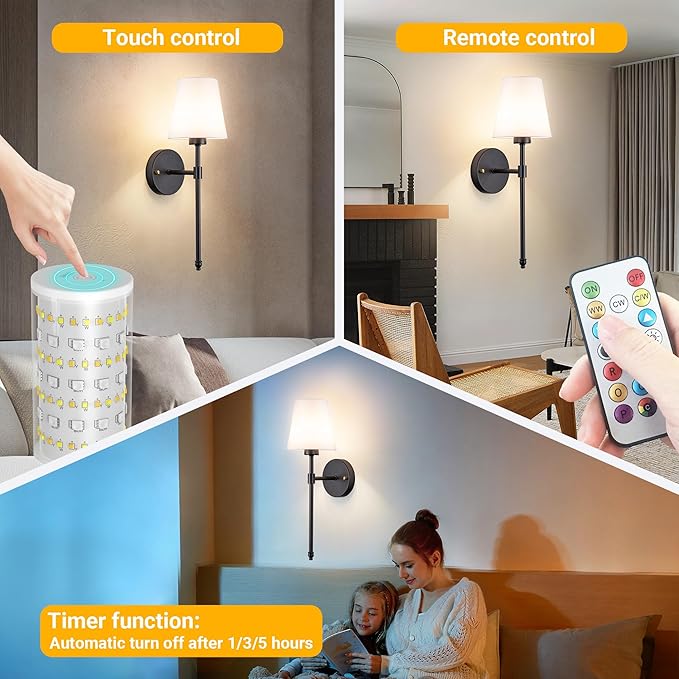 Battery Operated Wall Sconce: Peel and Stick Adhesives Stick On Non Drill Wall Light, Rechargeable Wireless Wall Lamp with Battery Corn Bulb for Bedroom Wall Decor - Bloomnest