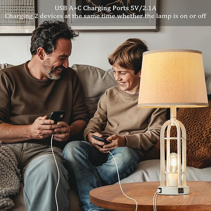 Farmhouse Table Lamps for Living Room Set of 2 - Rustic Industrial Bedside Lamps for Bedroom Nightstand with Nightlight and USB A+C, 4 Bulbs Included - Bloomnest