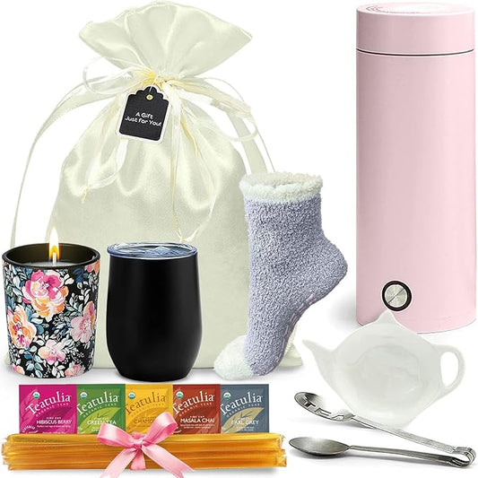 Tea Gift Basket for Women with Portable Kettle and Grippie Socks | Birthday Gift Set for Her, Mom,Wife, Co-Worker, Teacher Appreciation, Get Well - Bloomnest