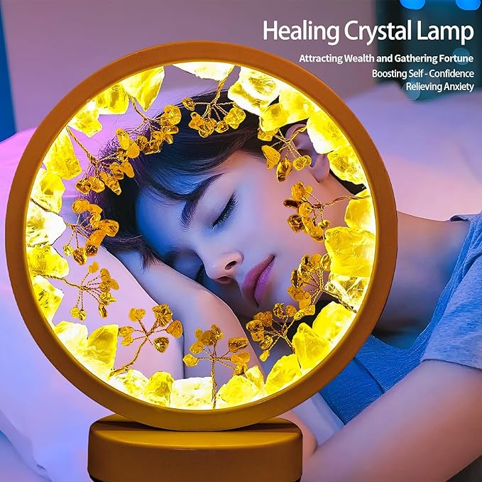 Runyangshi Natural Crystal Citrine Small Tree Round White Frame Tri-Color Ambient Light Home Decoration Night Light Healing Decor Gift - Bloomnest