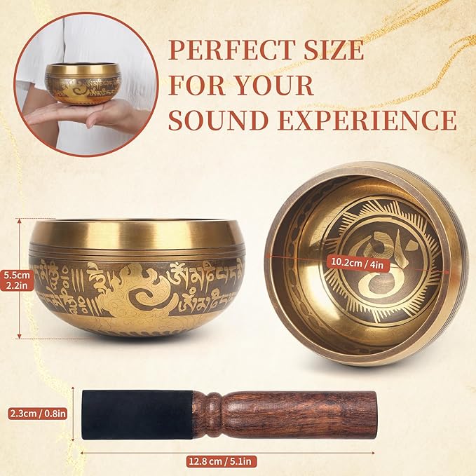 AKLOT HandMade Meditation Singing Bowl: Tibetan Sound Bowl Set with Pure Tone, Sound Bath Bowl with Cushion, Mallet, Spiritual Gift for Chakra Clearing, Mind Healing, Yoga, Prayer, Relaxation (4 Inch)