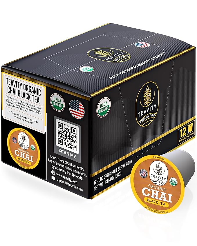 Organic Chai Black Tea Pods for Keurig Naturally Caffeinated by Teavity (12 Tea Pods) - Bloomnest