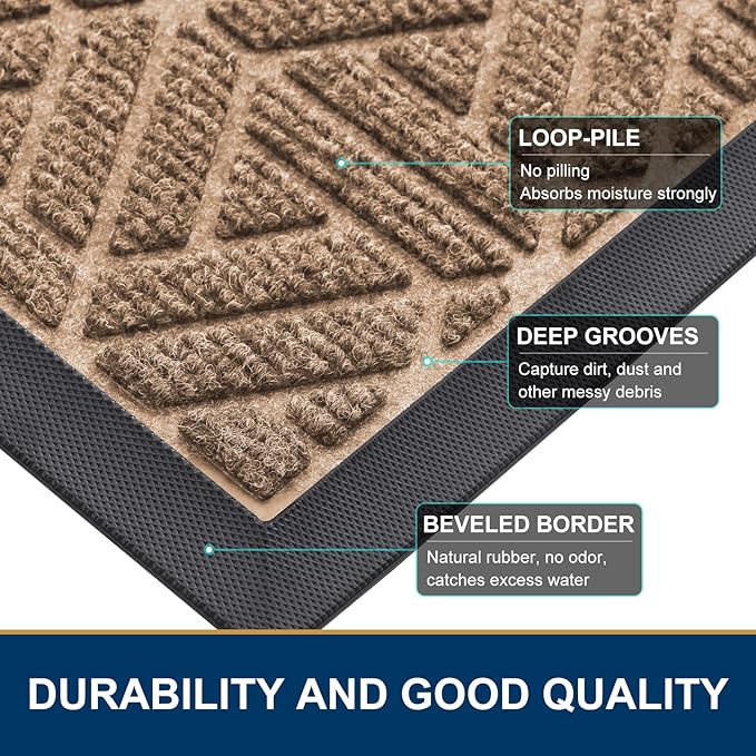 Smiry Front Door Mat Outside Entrance, Heavy Duty Sturdy Natural Rubber Doormat, Trap Dirt and Moisture, Easy Clean Low Profile Mats for Indoor Outdoor Entry, Grid Geometric (29.5x17, Coffee) - Bloomnest