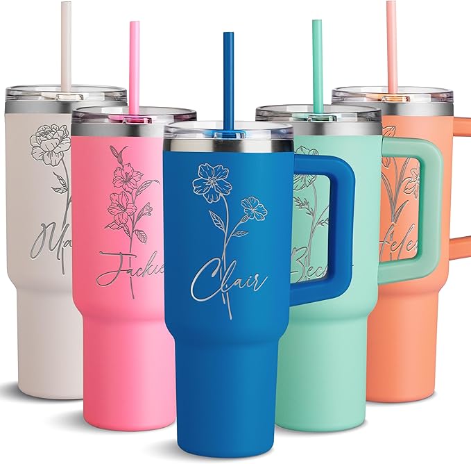 Personalized 40 Oz Tumbler with Handle and Straw - Engraved Birth Flower and Name, Insulated Stainless Steel Travel Mug - Birthday Gifts for Women - Azure - Bloomnest