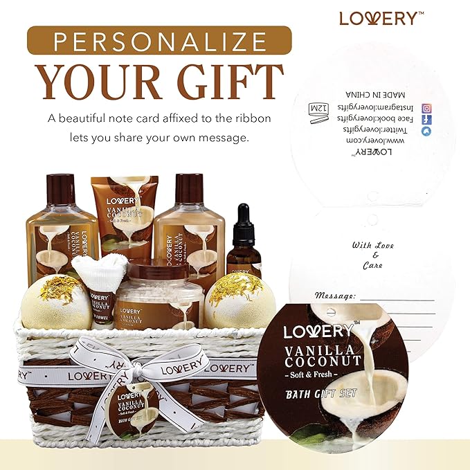Gifts For Women Gift Basket for Women– 9 Piece Set of Vanilla Coconut Home Spa Set, Luxurious Valentines Day Gifts for Her, Bath and Body Sets Includes Fragrant Lotions, Large Bath Bombs, Coconut Oil - Bloomnest
