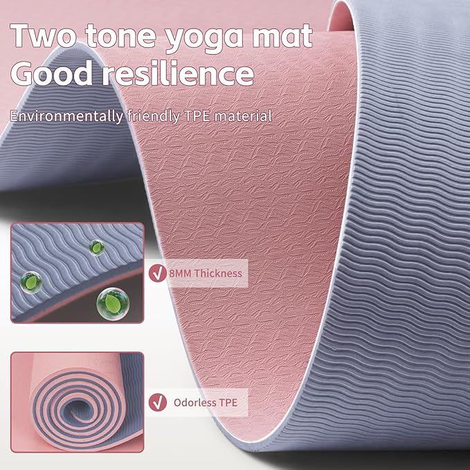 Yoga Mat 8mm Super Thick TPE Fitness Mat | SGS Certified | Non-Slip, Odorless & Tear-Resistant | Unisex with Strap | for Yoga, Pilates, Meditation & Home Workouts - Bloomnest
