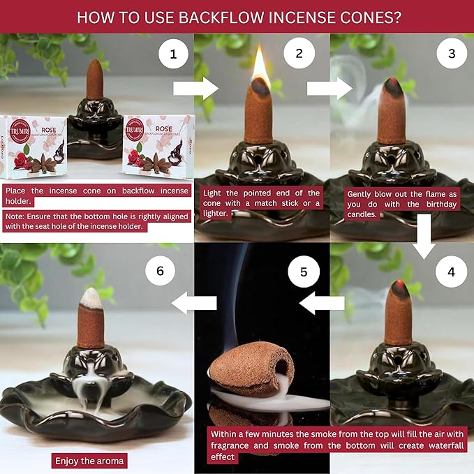 Rose Backflow Incense Cones - Total 20 Incense Cones Waterfall - Dual Pack of 10 Incense Backflow Cones - Waterfall Incense Cones - Incense Waterfall Cones TRUMIRI