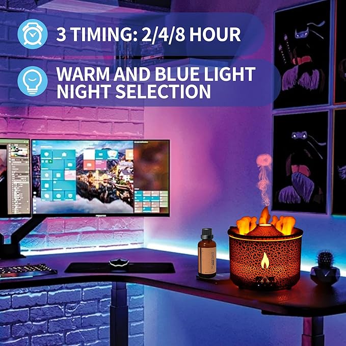 BOHOFAM Aroma Essential Oil Diffuser 360 ML,Volcano and Flame Diffuser/Humidifier,give1.76 oz Hotel Collection Essential Oils,Blue/red Light Selection,Diffusers for Home,Large Room(Black Cracks) - Bloomnest