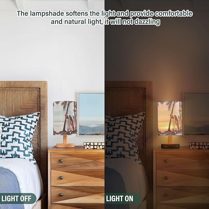 Table Lamp Surfboard Palm Tree on Tropical Beach Retro Summer Ocean Nightstand Lamp with Wood Base Fabric Lamp Shade Bedside Desk Lamp for Living Room Bedroom Kids Room Office - Bloomnest