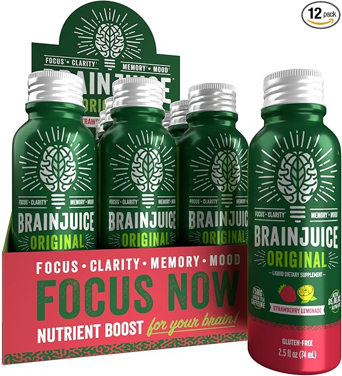 BrainJuice Energy & Focus Shot, Gluten Free Supplement, Healthy Drinks with Alpha GPC, Vitamin B & Organic Green Tea Extract Caffeine, Strawberry Lemonade, 2.5 fl oz, 12 Pack - Bloomnest