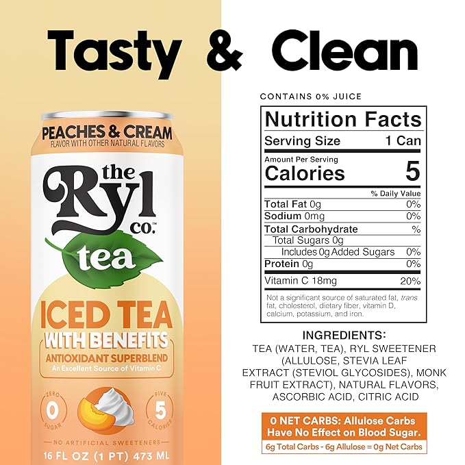 Ryl Peaches & Cream Iced Tea – Antioxidant Superblend, No Artificial Ingredients, Zero Sugar, Five Calories, Low Carb, Non-GMO, Kosher, Gluten Free, Made in the USA, 12-Pack, 16 Fl Oz - Bloomnest