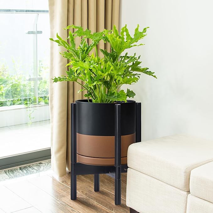 D'vine Dev Ceramic Planter with Ebony Stand - 10 Inch Modern Round Flower Pot with Wood Planter Holder, Black/Speckled Tan, 55-B-L-7 - Bloomnest