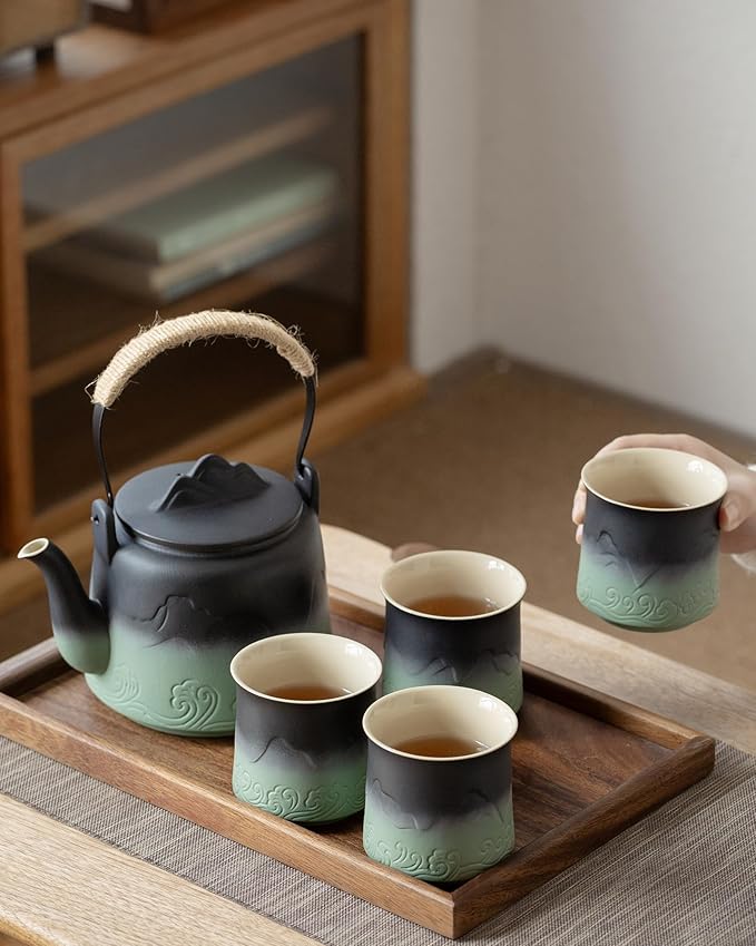 ZENS Vintage Japanese Tea Set with 4 Tea Cups, 33.8 oz Embossed Ceramic Loose Leaf Teapot with Built-in Strainers for Tea Steeper, Hemp Rope Handle Gradient Japanese Tea Pot for Tea Lovers Gifts - Bloomnest