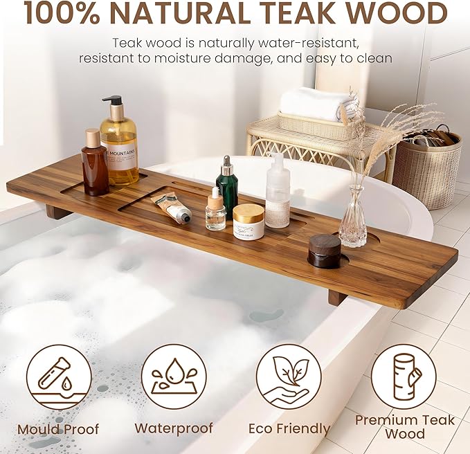 Teak Bathtub Tray - Wood Bath Caddy Tray 35" for Large Tubs - Adjustable Bathtub Table Trays - Luxury Shower Organizer for Home Spa Relaxation and Reading - Light Walnut Color - Bloomnest