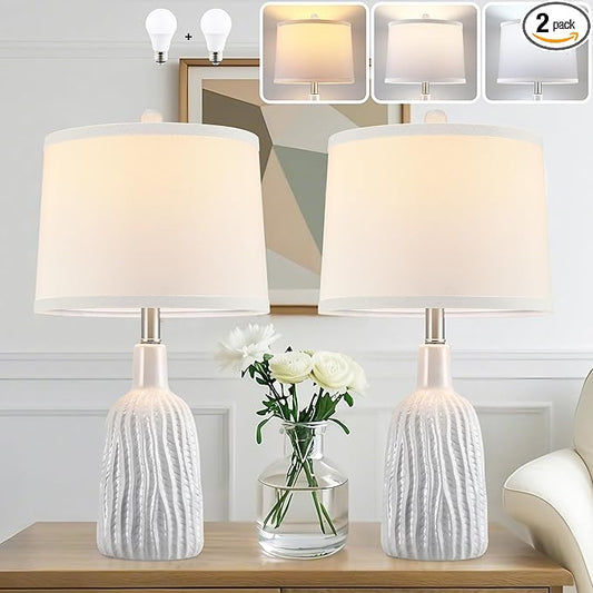 GRUENLICH Ceramic Table Lamp Set of 2 for Nightstand, 22.5" Modern White Bedside Lamp with 3 Adjustable Color Temperature, Bedroom Light for Living Room Desk End Table Office (2 LED Bulbs Included) - Bloomnest