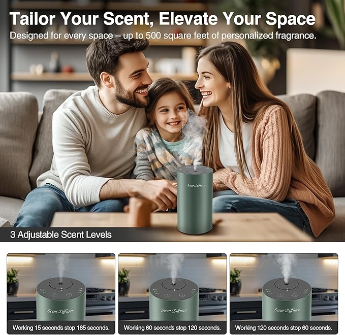 Waterless Essential Oil Diffuser Starter Kit - No Water Needed, Battery Operated Mini Scent Air Machine, Included 3x20ML Essential Oils, Portable Aromatherapy Diffuser for Home & Car & Office, Green - Bloomnest