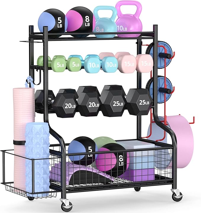 PLKOW Dumbbell Rack, Weight Rack for Dumbbells, Home Gym Storage for Dumbbells Kettlebells Yoga Mat and Balls, All in One Workout Storage with Wheels and Hooks, Powder Coated Finish Steel - Bloomnest