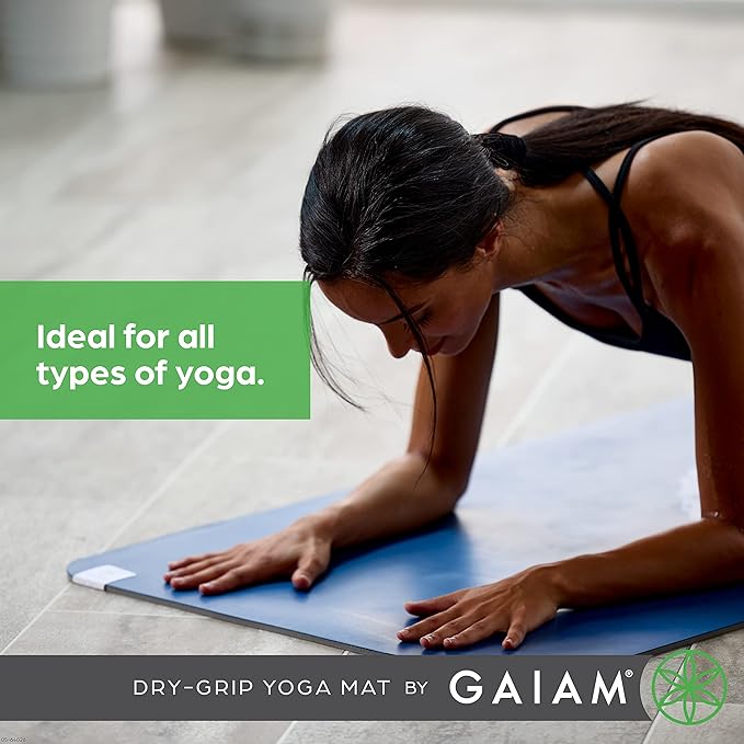Gaiam Dry-Grip Yoga Mat - 5mm Thick Non-Slip Exercise & Fitness Mat for Standard or Hot Yoga, Pilates and Floor Workouts - Cushioned Support, Non-Slip Coat - 68 x 24 Inches - Bloomnest