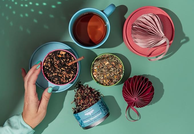 JusTea HOLIDAY TEA TRIO | Stacking Tins Variety Pack with Hand Carved Tea Spoon | Loose Leaf Tea | Variable Caffeine | Award-Winning | Fair Trade | Non-GMO - Bloomnest
