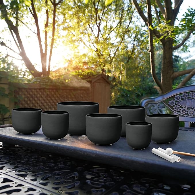 Ryan Dvan 7-12 Inch Black 7 Crystal Singing Bowl Set Frosted Quartz Crystal Sound Therapy Kit with Mallets 2 Cases O-Ring for Yoga Meditation Energy Balancing Reiki Healing - Bloomnest