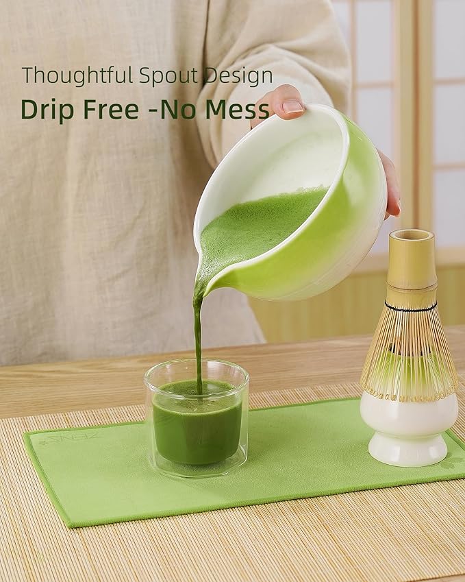 ZENS Matcha Whisk Set, 6pcs Matcha Kit Includes Ceramic Bowl, Handcrafted Bamboo Whisk and Chasen Holder, Scoop, 304 Sifter & Tea Mat，Matcha Set for Tea Ceremony,Latte Making, Green - Bloomnest