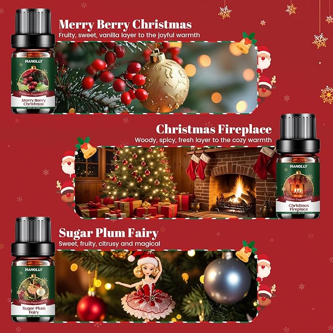 Christmas Fragrance Oil Set, 6 Premium Holiday Essential Oils for Diffuser, Candle Making - Caramel Pumpkin Swirl, Apple Cinnamon, Merry Berry Christmas, Christmas Fireplace Scented Oil Gift Set - Bloomnest
