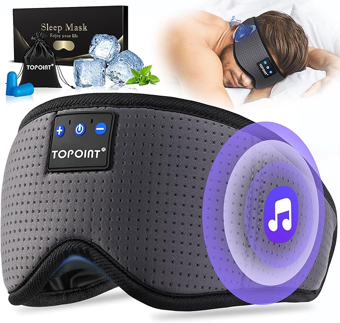 TOPOINT Sleep Mask with Bluetooth Headphones, Breathable Silk Eye Mask for Sleeping Men Women, Bluetooth Sleep Mask Blackout with Speakers, Microphone Handsfree, USB C for Travel Meditation Gifts - Bloomnest