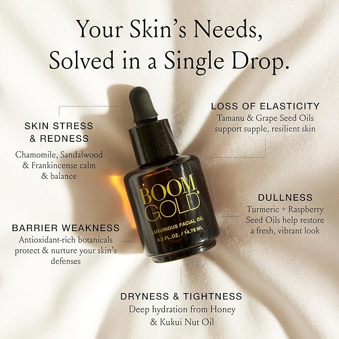 Boom Gold ™ Lightweight & Luxurious Facial Oil with Organic Ingredients for a Softer, Smoother, More Luminous Skin, with Kukui Nut & Frankincense Oil, Boom Beauty by Cindy Joseph (0.5 Oz) - Bloomnest