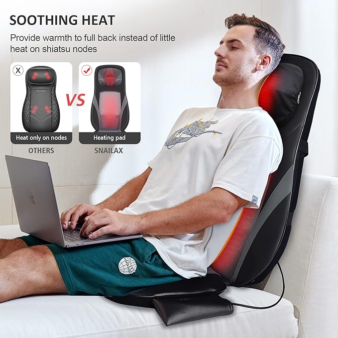 Snailax Shiatsu Back Massager with Heat -Deep Kneading Massage Chair Pad with Adjustable Intensity, Shiatsu Chair Massager to Relax Full Body Muscle - Bloomnest
