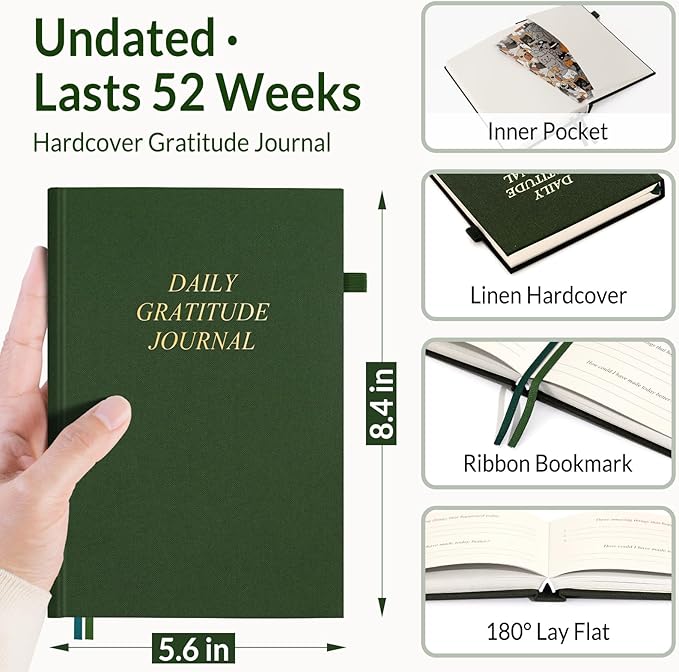 SUNEE Daily Gratitude Journal – 52 Weeks Simple 5 Minute Journal for Daily Reflection, Build Positivity and Mindfulness, Undated Minimalist Planner for Women & Men (Deep Green)