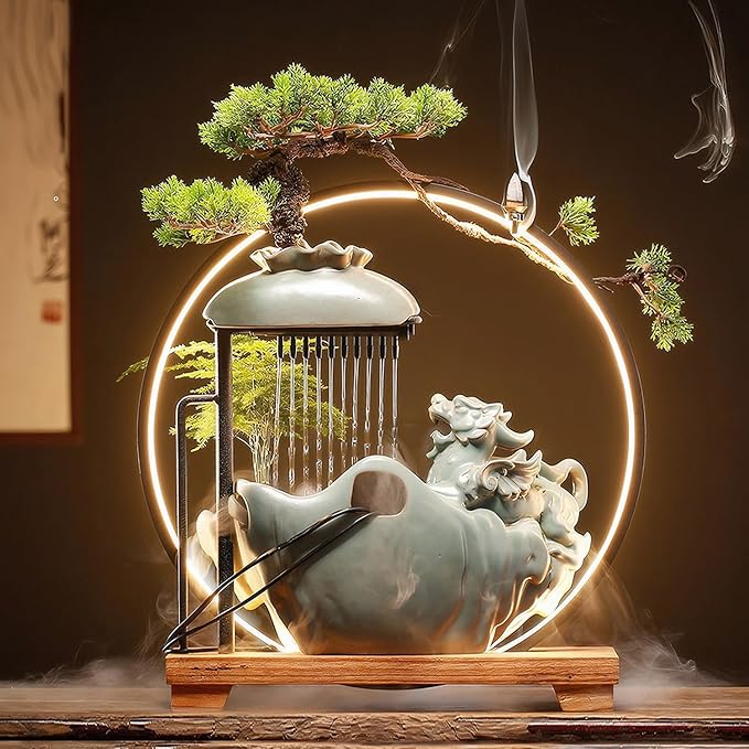 Waterfall Fountain Indoor with Mist, Tabletop Water Fountain,Desk Chinese Ceramic Pixiu Statue with LED Light Ring and Backflow Incense Burner Holder - Bloomnest